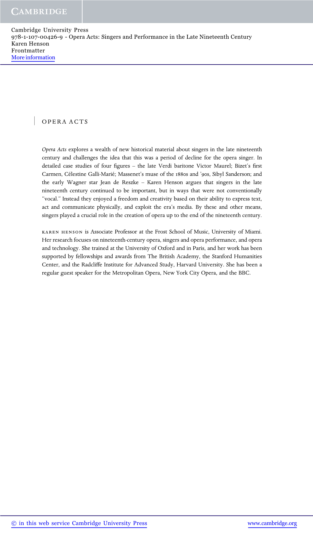 Opera Acts: Singers and Performance in the Late Nineteenth Century Karen Henson Frontmatter More Information