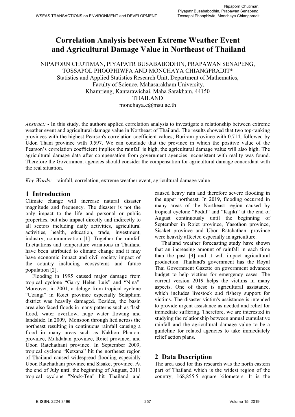 Correlation Analysis Between Extreme Weather Event and Agricultural Damage Value in Northeast of Thailand