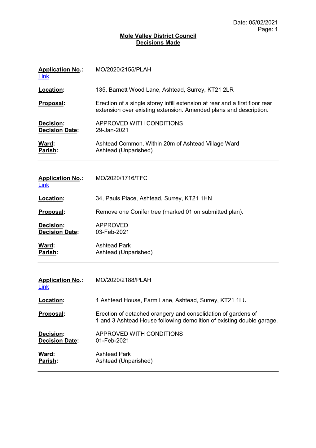 Date: 05/02/2021 Page: 1 Mole Valley District Council Decisions Made