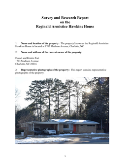 Survey and Research Report on the Reginald Armistice Hawkins House