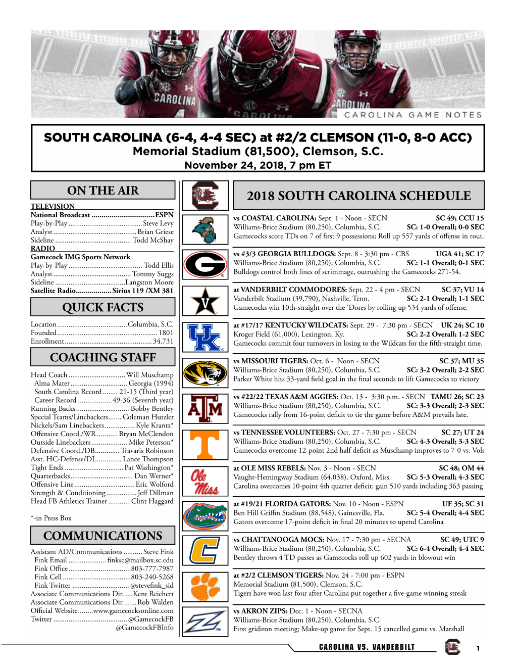 2018 SOUTH CAROLINA SCHEDULE TELEVISION National Broadcast