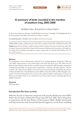 A Summary of Birds Recorded in the Marshes of Southern Iraq, 2005–2008