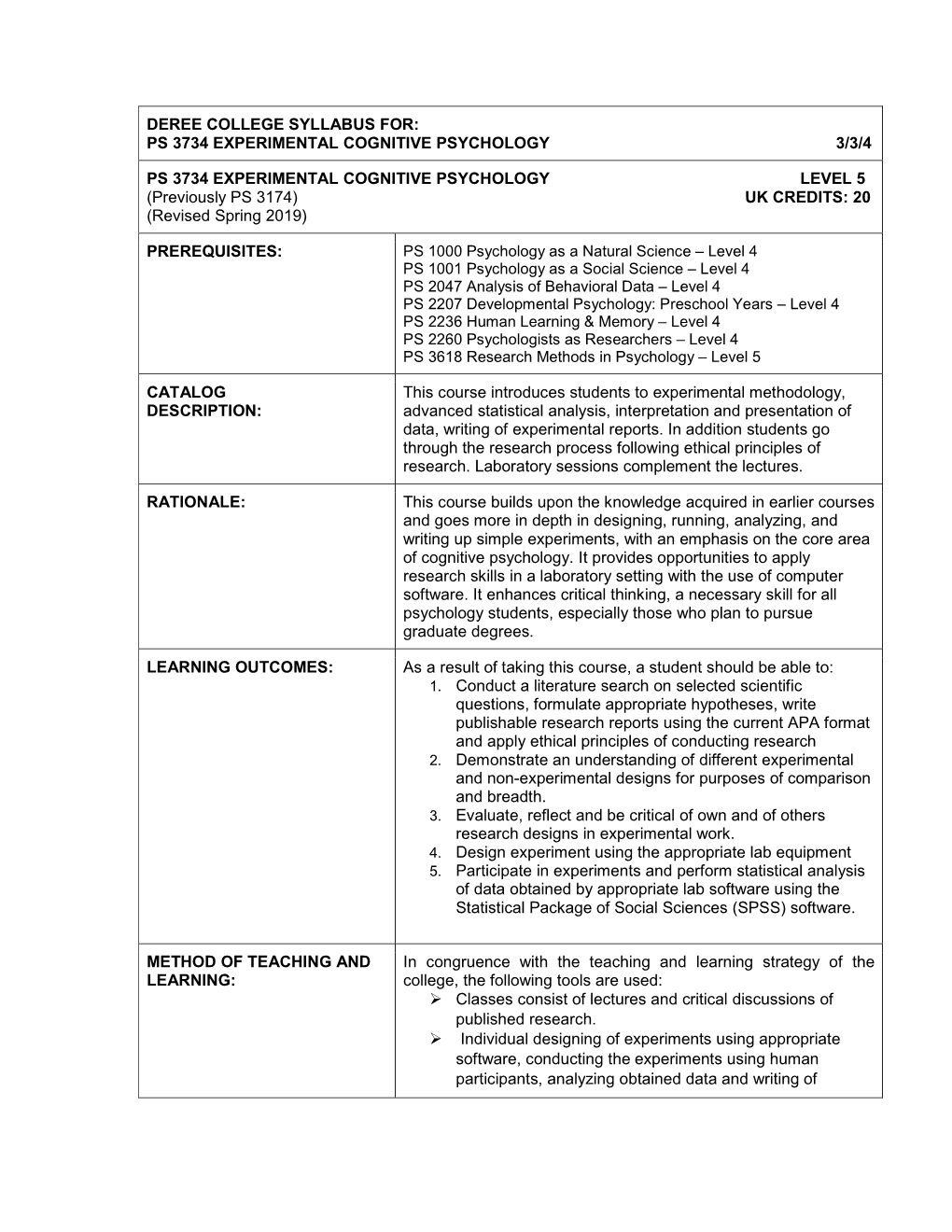 Deree College Syllabus For: Ps 3734 Experimental Cognitive Psychology 3/3/4 Ps 3734 Experimental Cognitive Psychology