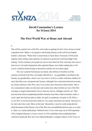 David Constantine's Lecture for Stanza 2014 the First World War At