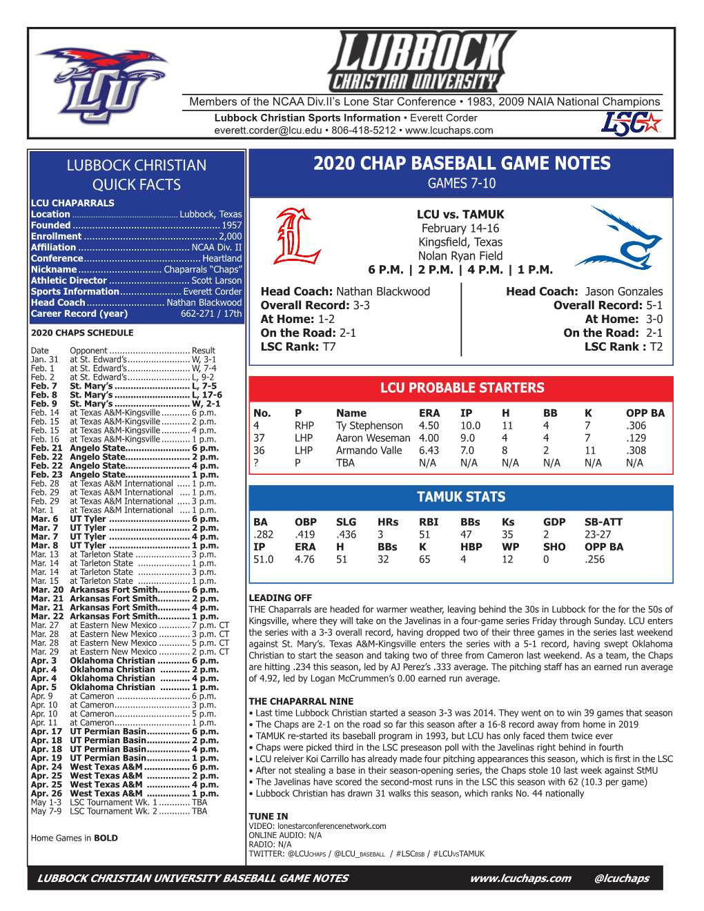 2020 CHAP BASEBALL GAME NOTES QUICK FACTS GAMES 7-10 LCU CHAPARRALS Location