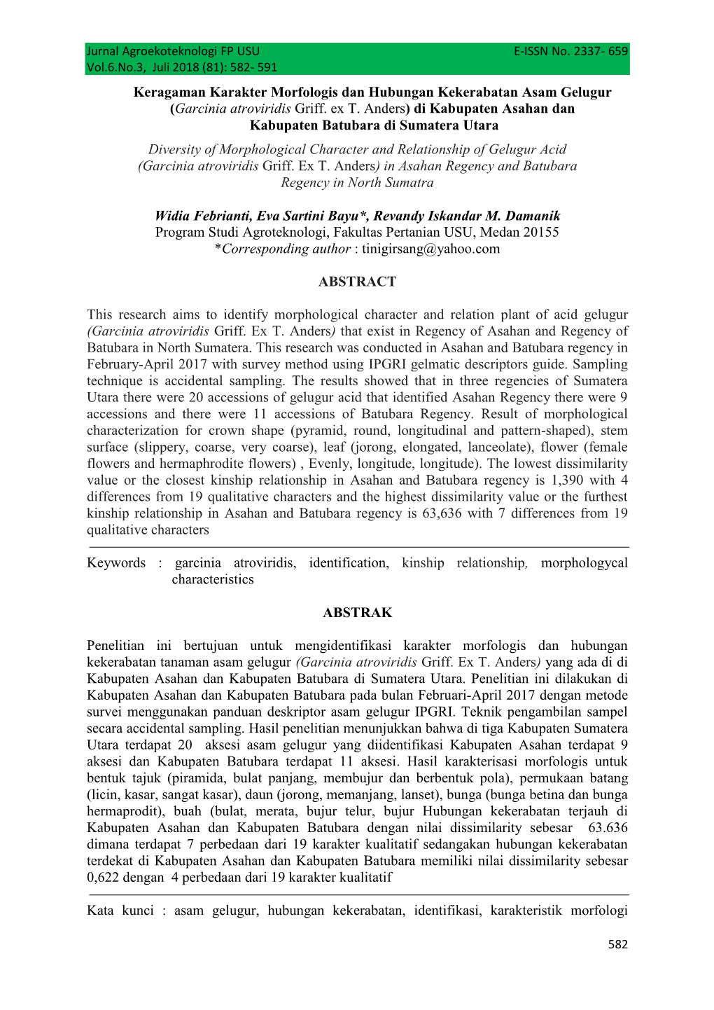 Diversity of Morphological Character and Relationship of Gelugur Acid (Garcinia Atroviridis Griff