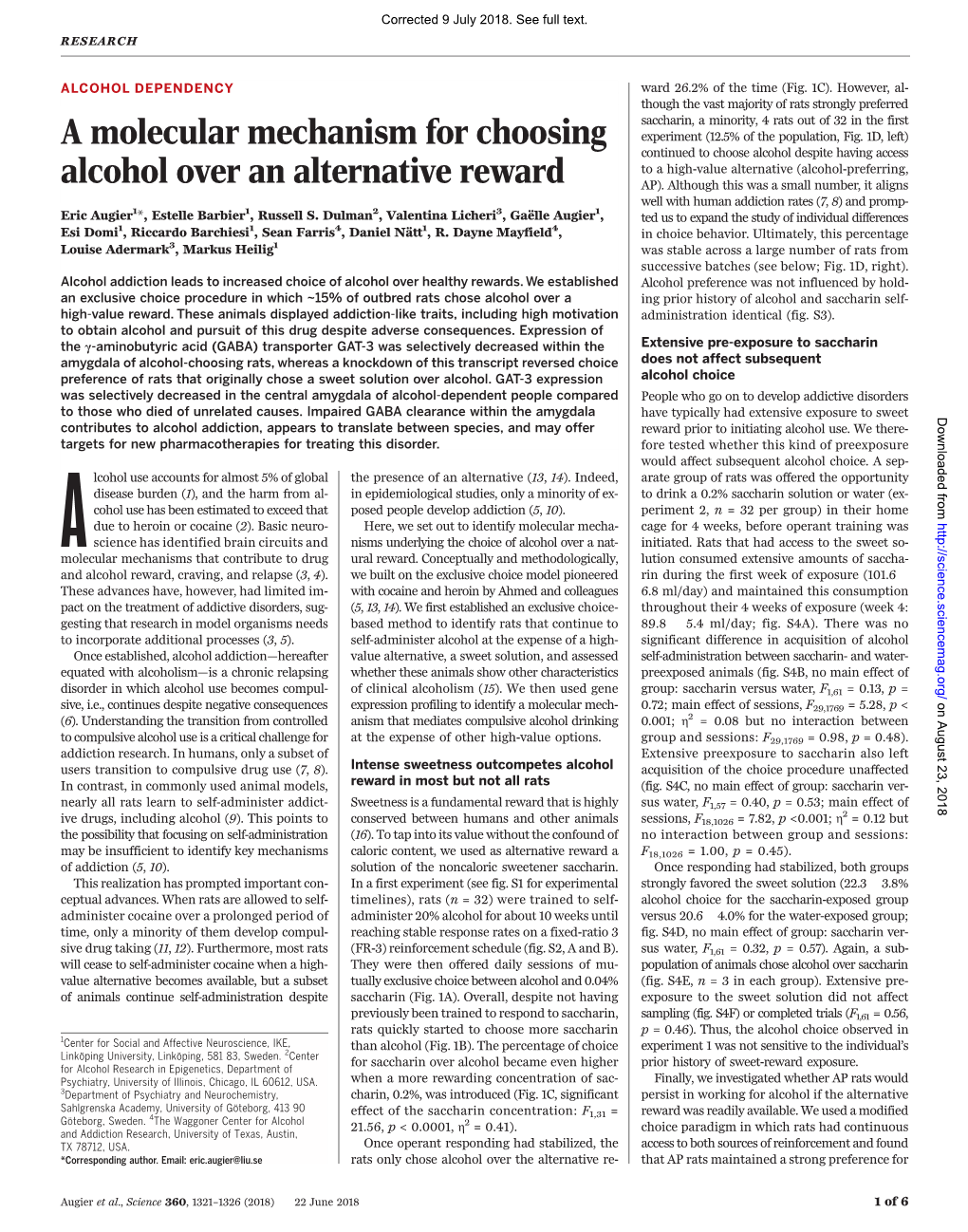 A Molecular Mechanism for Choosing Alcohol Over an Alternative Reward Eric Augier, Estelle Barbier, Russell S