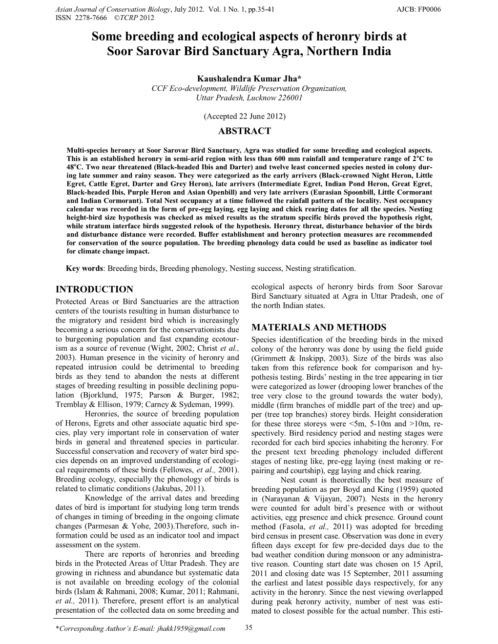 Some Breeding and Ecological Aspects of Heronry Birds at Soor Sarovar Bird Sanctuary Agra, Northern India