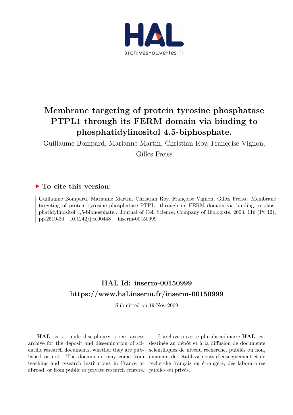 Membrane Targeting of Protein Tyrosine Phosphatase PTPL1 Through Its FERM Domain Via Binding to Phosphatidylinositol 4,5-Biphosphate