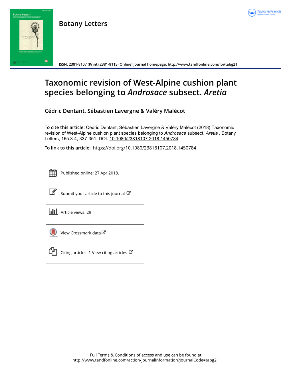 Taxonomic Revision of West-Alpine Cushion Plant Species Belonging to Androsace Subsect