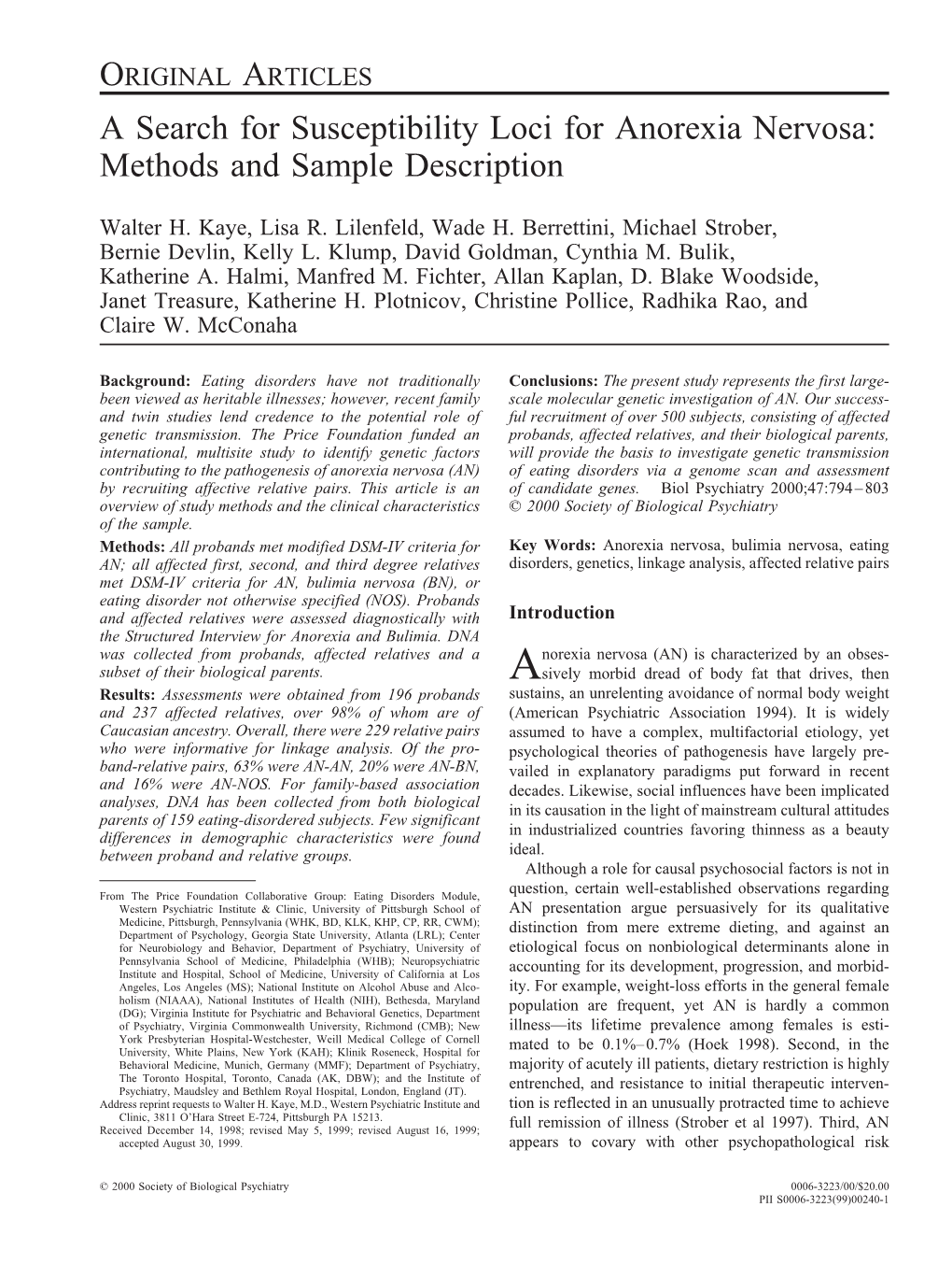 A Search for Susceptibility Loci for Anorexia Nervosa: Methods and Sample Description