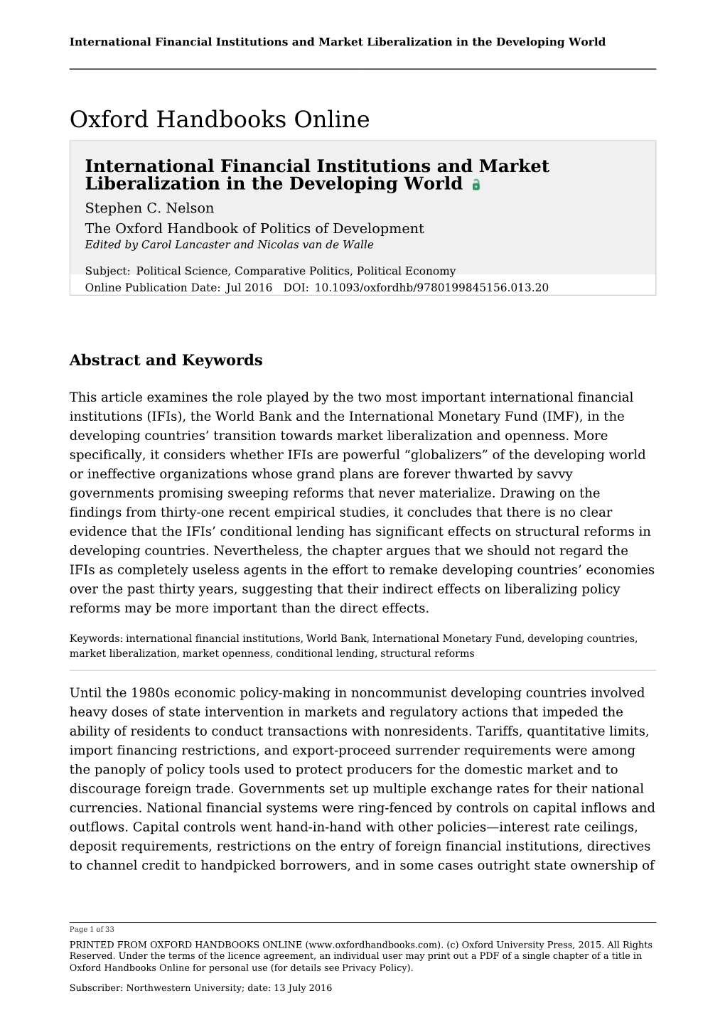 International Financial Institutions and Market Liberalization in the Developing World