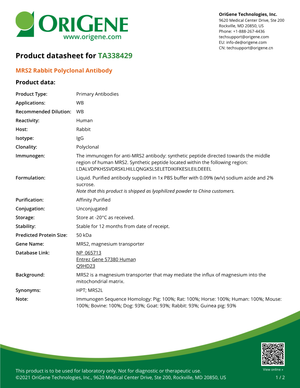 MRS2 Rabbit Polyclonal Antibody – TA338429 | Origene