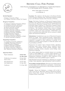 Second Call for Papers 14Th Italian Conference on Theoretical Computer Science 9–11 September 2013, Palermo, Italy