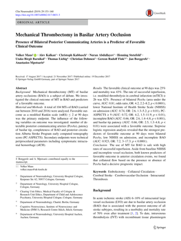 Mechanical Thrombectomy in Basilar Artery Occlusion Presence of Bilateral Posterior Communicating Arteries Is a Predictor of Favorable Clinical Outcome