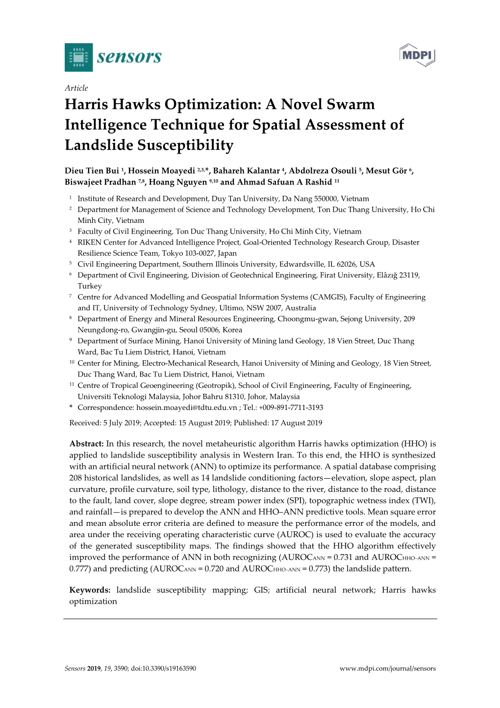 Harris Hawks Optimization: a Novel Swarm Intelligence Technique for Spatial Assessment of Landslide Susceptibility