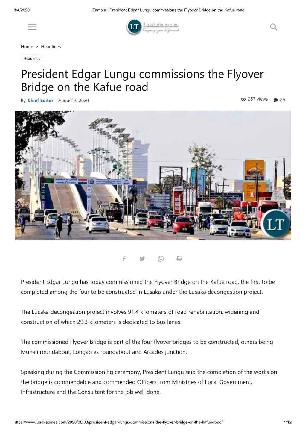 President Edgar Lungu Commissions the Flyover Bridge on the Kafue Road