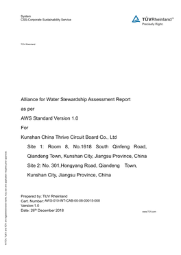 Alliance for Water Stewardship Assessment Report As Per AWS Standard Version 1.0 for Kunshan China Thrive Circuit Board Co