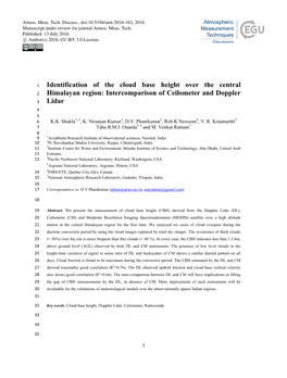 Identification of the Cloud Base Height Over the Central Himalayan Region