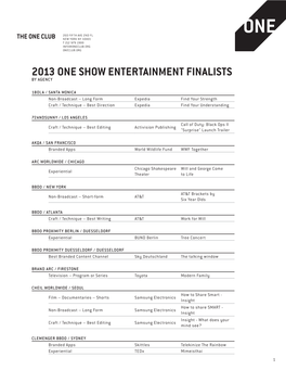 2013 One Show Entertainment Finalists by Agency