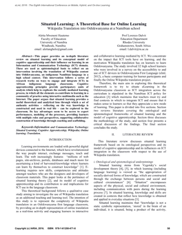 Situated Learning: a Theoretical Base for Online Learning Wikipedia Translation Into Oshikwanyama at a Namibian School