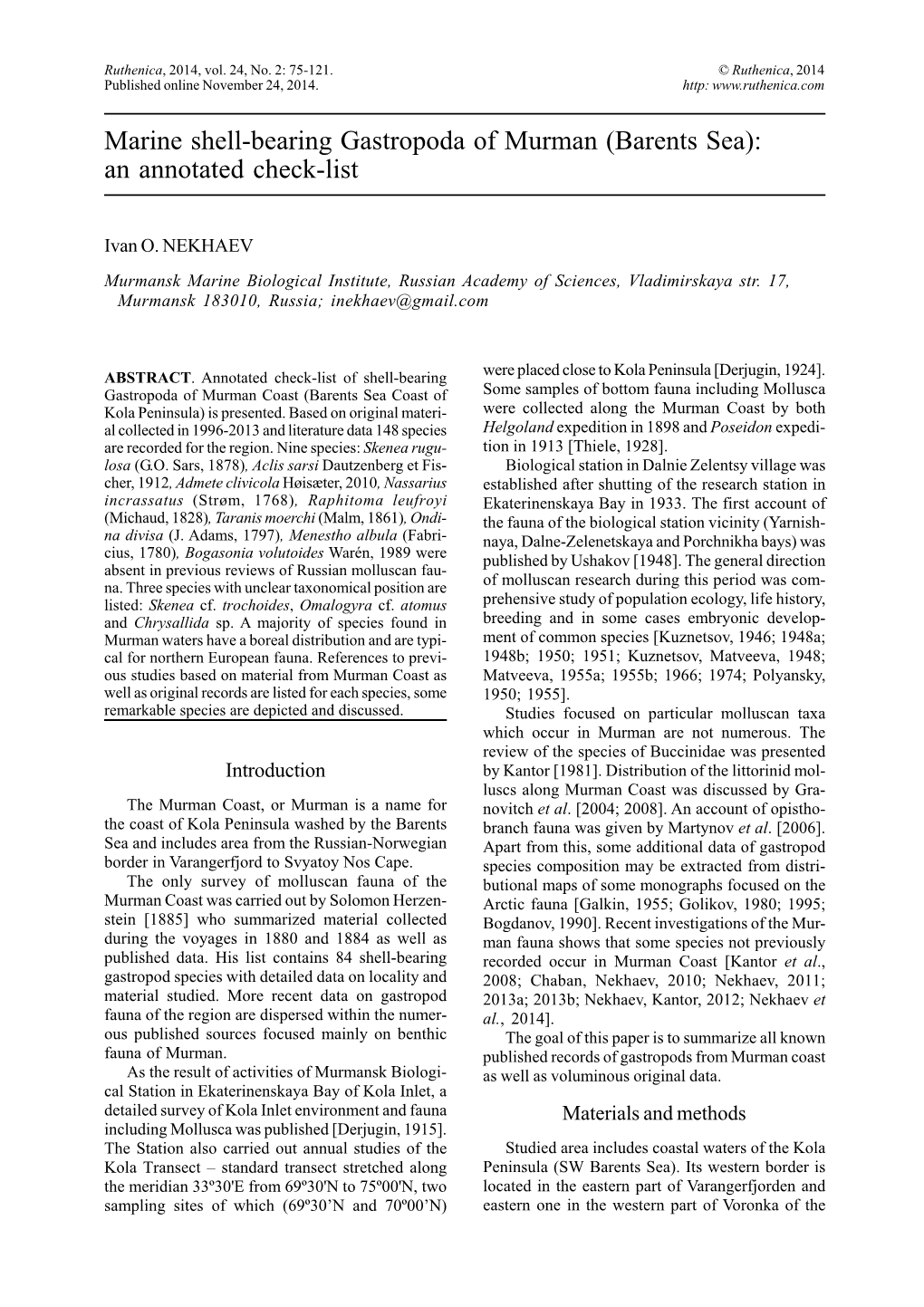 Marine Shell-Bearing Gastropoda of Murman (Barents Sea): an Annotated Check-List