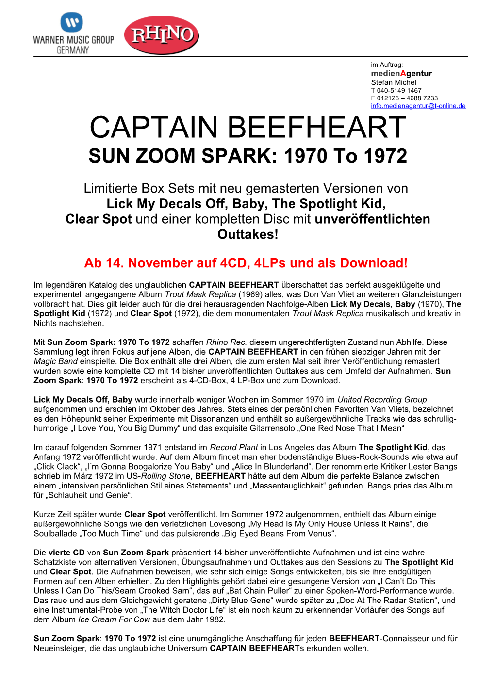 CAPTAIN BEEFHEART SUN ZOOM SPARK: 1970 to 1972