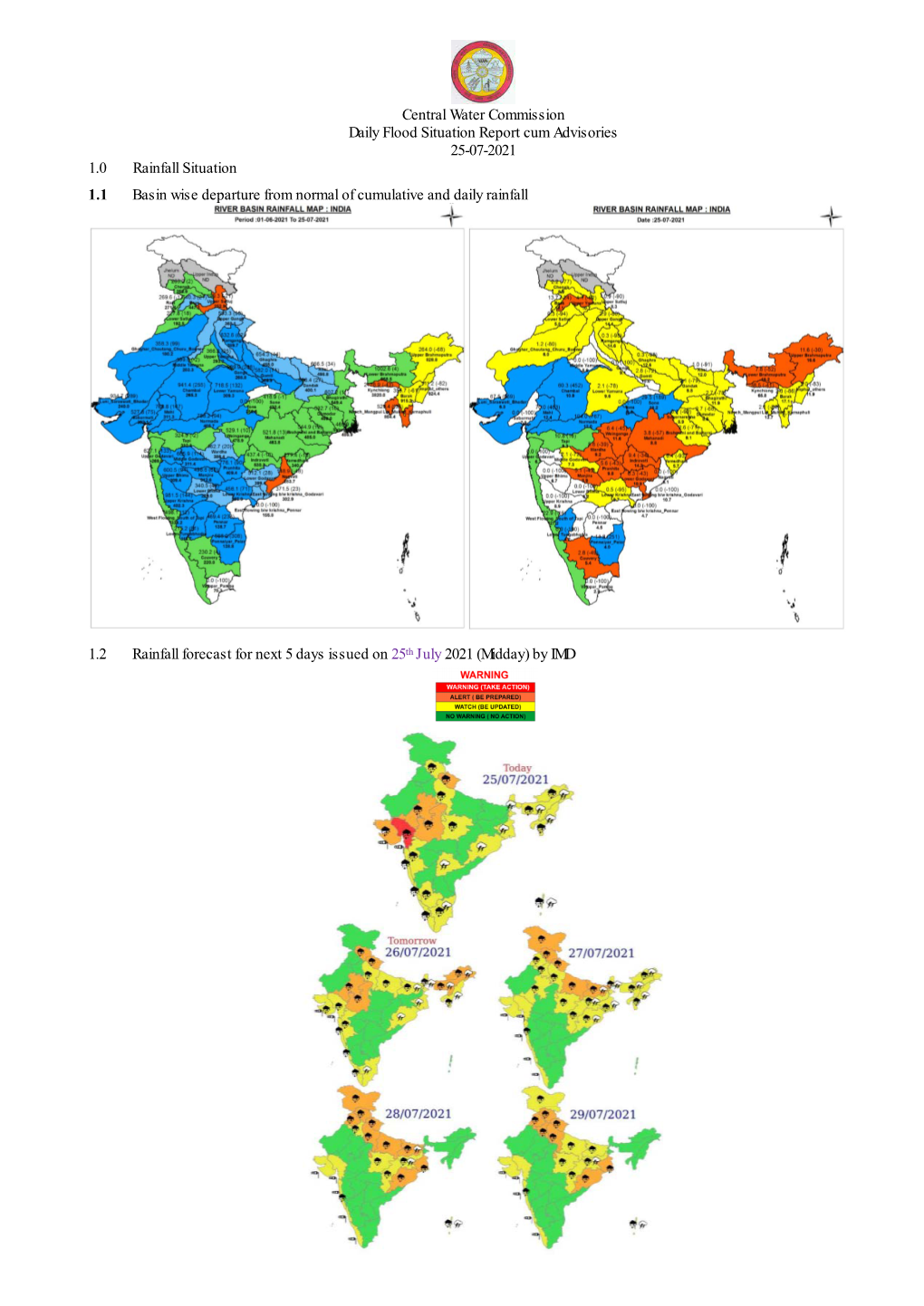 Central Water Commission Daily Flood Situation Report Cum Advisories 25-07-2021 1.0 Rainfall Situation