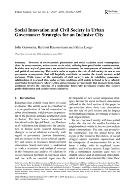 Social Innovation and Civil Society in Urban Governance: Strategies for an Inclusive City