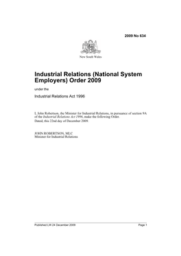 Industrial Relations (National System Employers) Order 2009 Under the Industrial Relations Act 1996