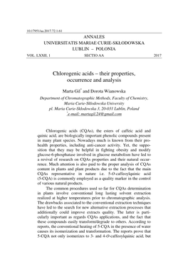 Chlorogenic Acids – Their Properties, Occurrence and Analysis