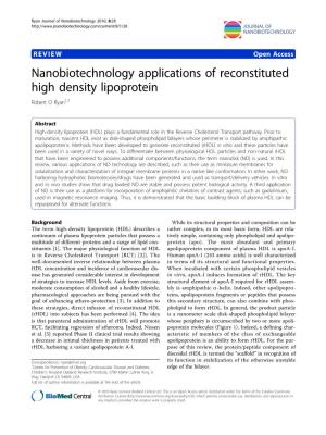 Nanobiotechnology Applications of Reconstituted High Density Lipoprotein Robert O Ryan1,2