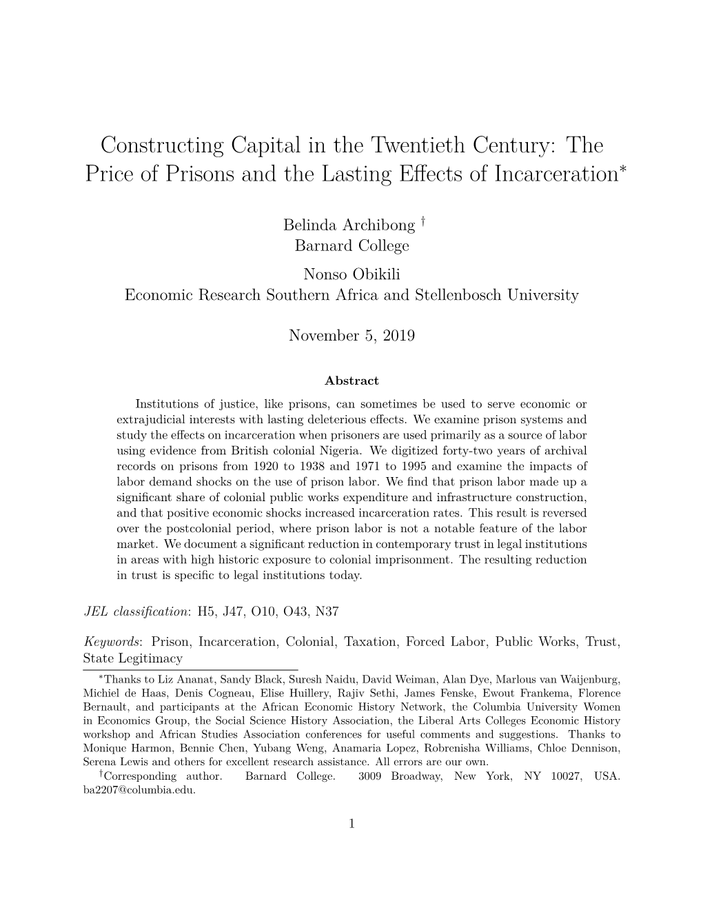 Constructing Capital in the Twentieth Century: the Price of Prisons and the Lasting Eﬀects of Incarceration∗