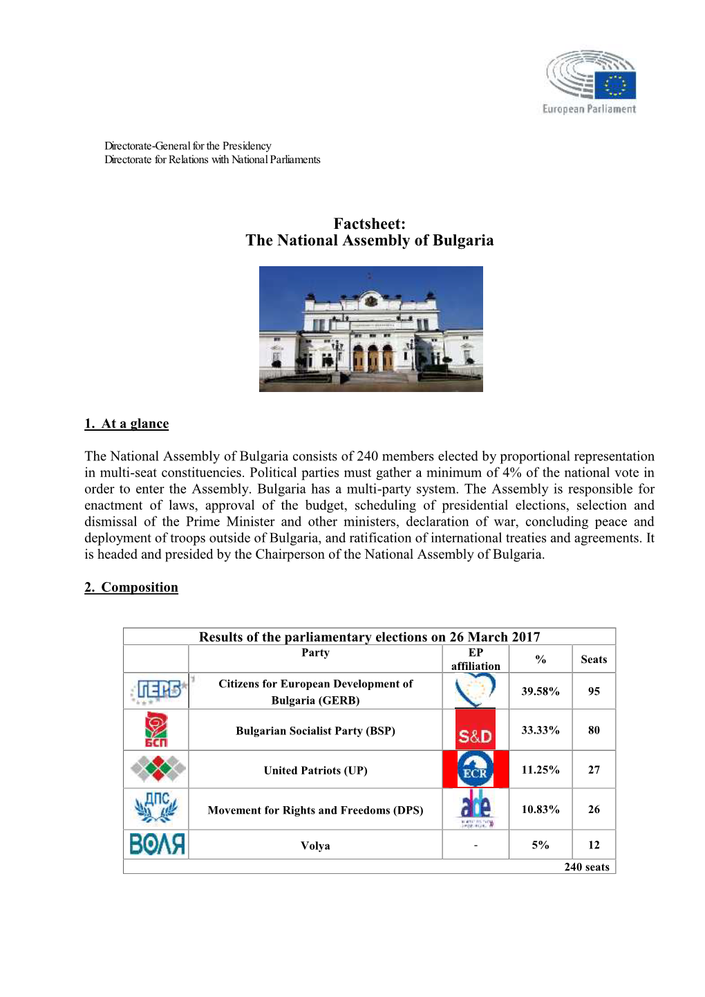 Factsheet: the National Assembly of Bulgaria