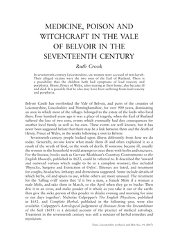 MEDICINE, POISON and WITCHCRAFT in the VALE of BELVOIR in the SEVENTEENTH CENTURY Ruth Crook