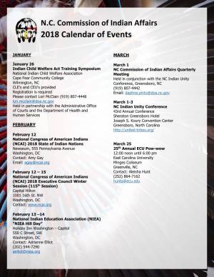 2018 Calendar of Events