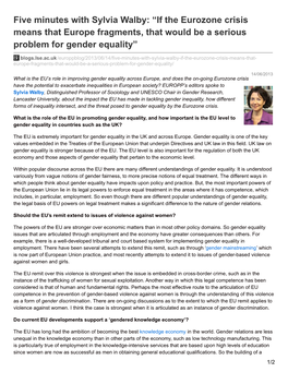 Five Minutes with Sylvia Walby: “If the Eurozone Crisis Means That Europe Fragments, That Would Be a Serious Problem for Gender Equality”