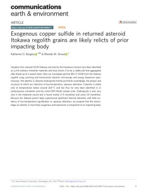 Exogenous Copper Sulfide in Returned Asteroid Itokawa Regolith Grains Are Likely Relicts of Prior Impacting Body