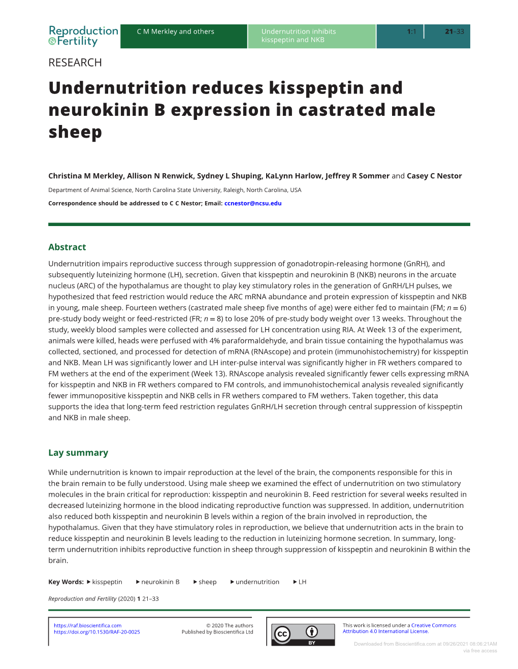 Undernutrition Reduces Kisspeptin and Neurokinin B Expression in Castrated Male Sheep