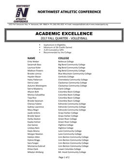 Academic Excellence Volleyball ٠ Fall Quarter 2017