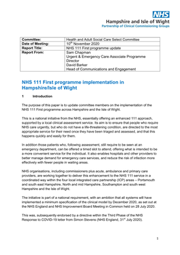 NHS 111 First Programme Implementation in Hampshire/Isle of Wight