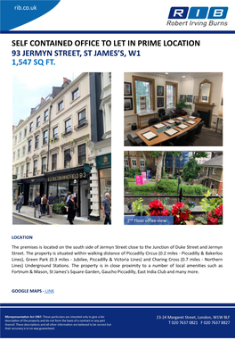 Self Contained Office to Let in Prime Location 93 Jermyn Street, St James’S, W1 1,547 Sq Ft
