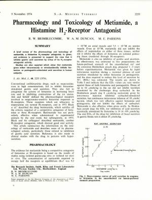 Pharmacology and Toxicology of Metiamide, a Histamine H