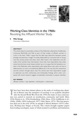 Working-Class Identities in the 1960S: Revisiting the Affluent Worker Study