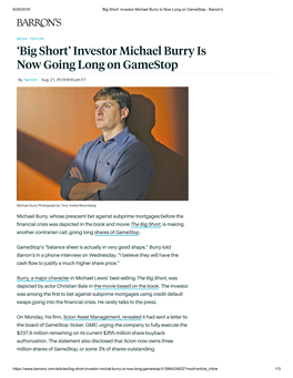 'Big Short' Investor Michael Burry Is Now Going Long on Gamestop