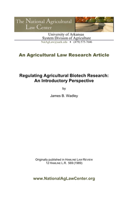 An Agricultural Law Research Article Regulating Agricultural Biotech