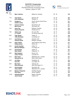 2020 BMW Championship Olympia Fields CC (North) Third Round Pairings and Starting Times Saturday, August 29, 2020