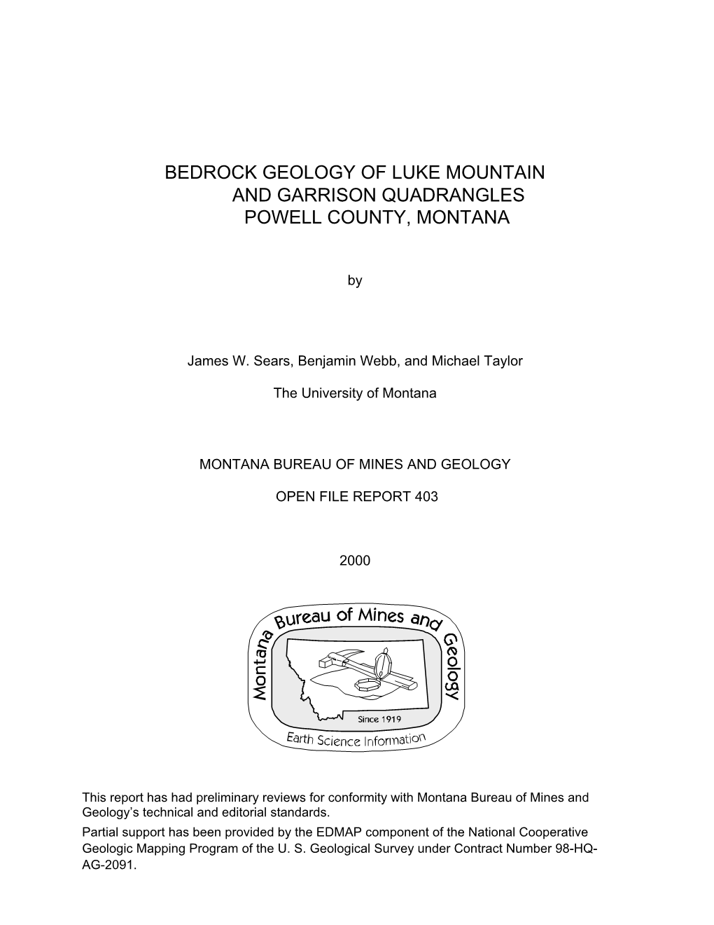 Bedrock Geology of Luke Mountain and Garrison Quadrangles Powell County, Montana