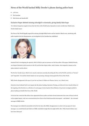 News of the World Hacked Milly Dowler‟S Phone During Police Hunt