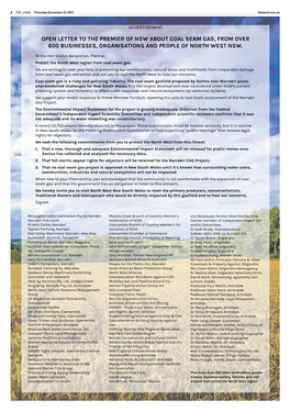 Open Letter to the Premier of Nsw About Coal Seam Gas, from Over 600 Businesses, Organisations and People of North West Nsw